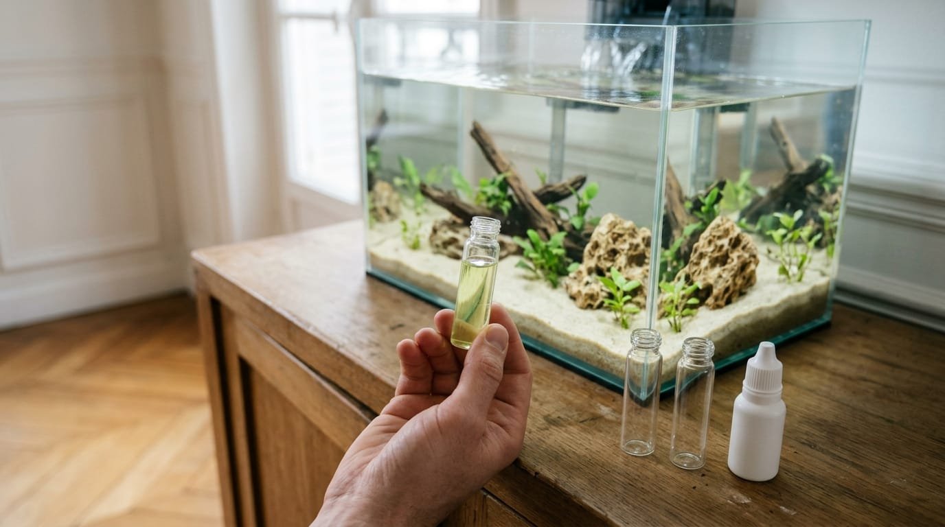 Cyclage aquarium : test de l’eau d’un bac d’eau douce fraîchement installé, tubes de réactif posés devant la vitre