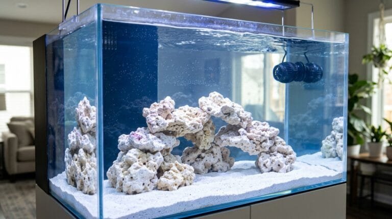 Aquarium récifal en cours de redémarrage, roche sèche empilée sur un sable blanc, avant l’arrivée des coraux et des poissons