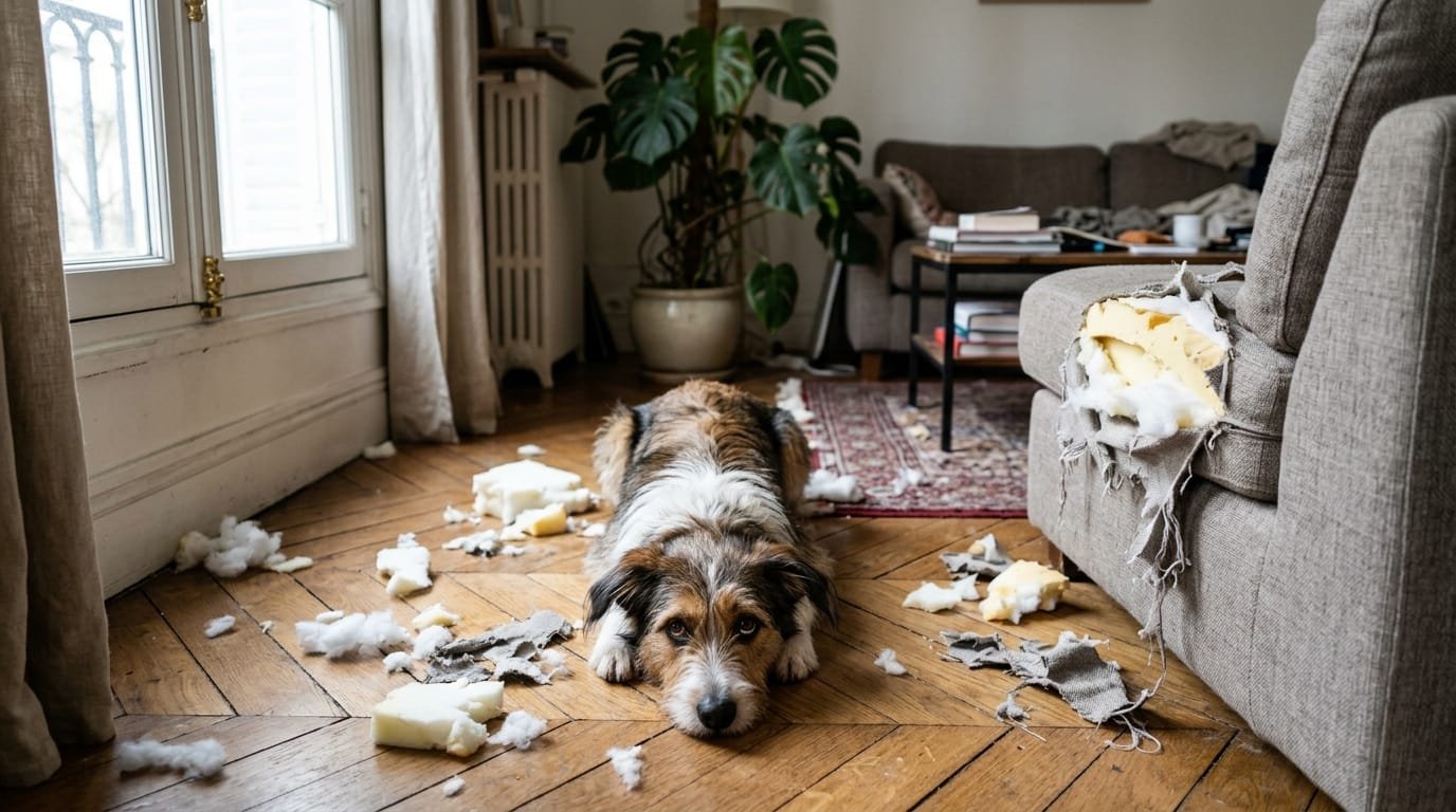Chien a mangé le canapé : jeune chien couché près d’un coussin éventré et de morceaux de mousse dans un salon