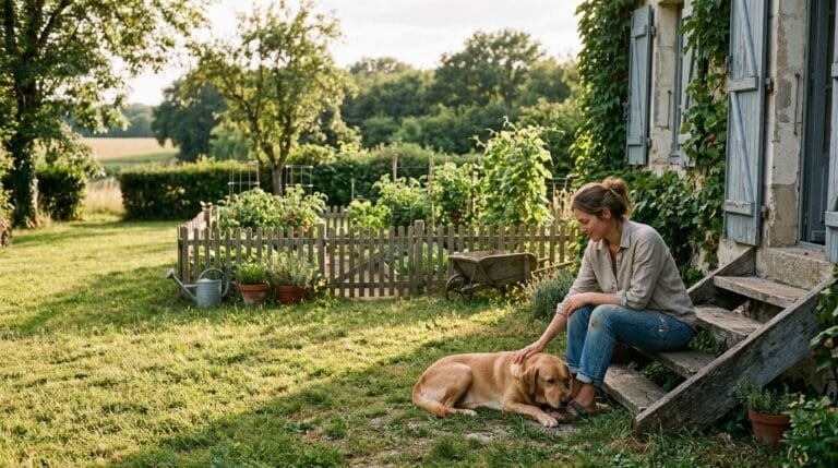 Dégâts chien assurance : propriétaire et labrador dans un jardin
