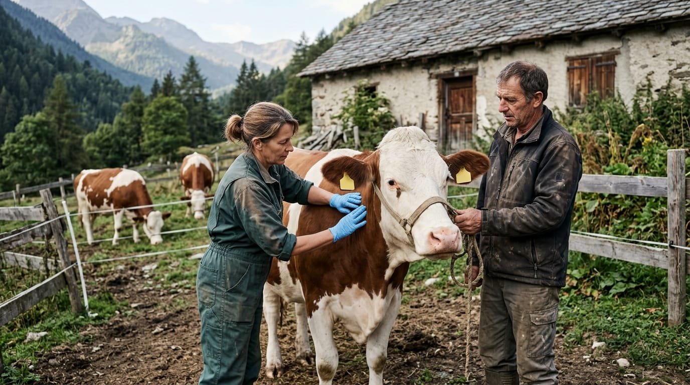 Vétérinaire examinant la peau d’une vache pour dépister la dermatose nodulaire contagieuse