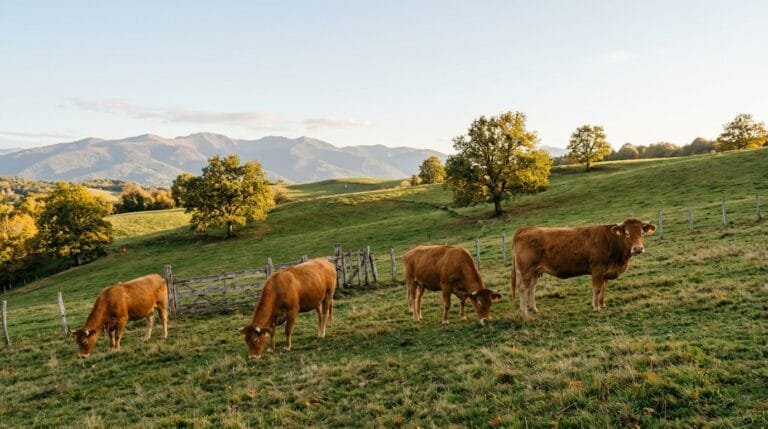 Troupeau de vaches limousines en bonne santé au pâturage, à l'automne, en zone indemne de dermatose nodulaire contagieuse