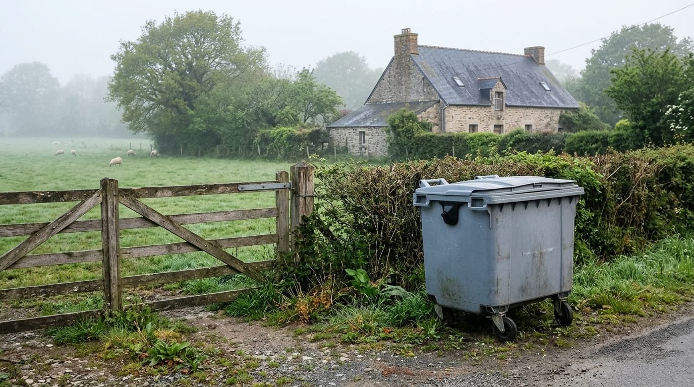 Bac d’équarrissage fermé posé à l’entrée d’une ferme d’élevage, en attente du camion de collecte