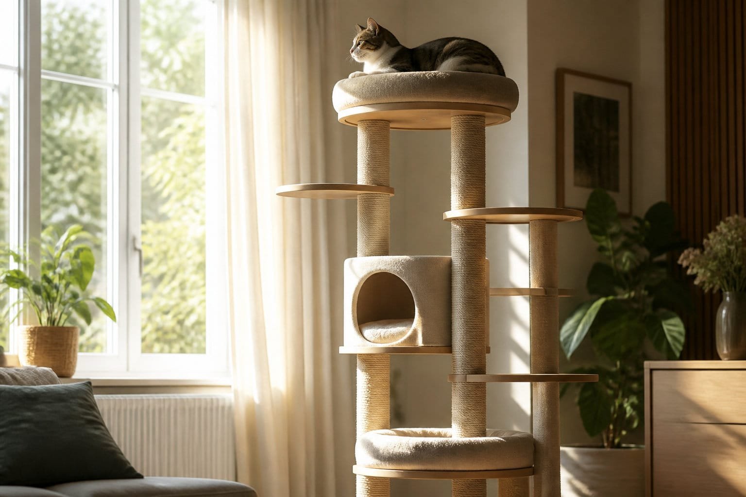 Chat perché sur un arbre à chat près de la fenêtre
