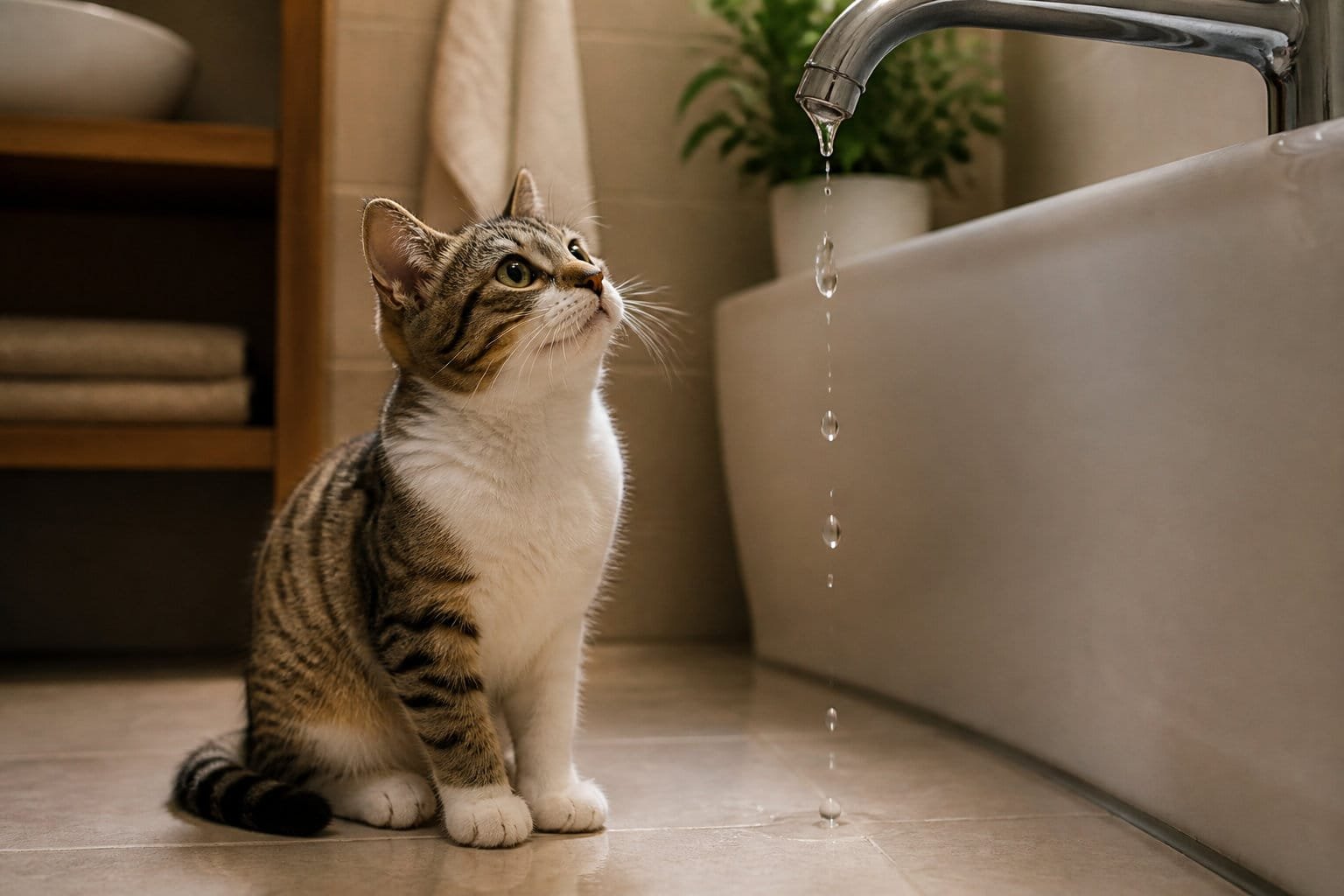 Chat curieux qui observe des gouttes d'eau