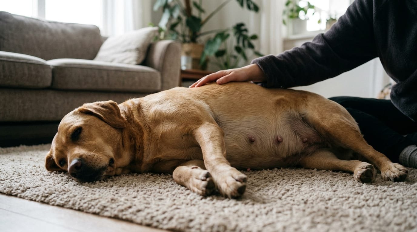 Chienne gestante couchée sur le flanc dans un salon, le ventre arrondi, la main de sa maîtresse posée sur son dos
