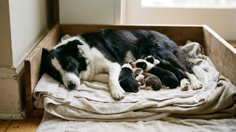 Une chienne border collie allaite ses chiots nouveau-nés dans une caisse de mise bas en bois garnie de serviettes