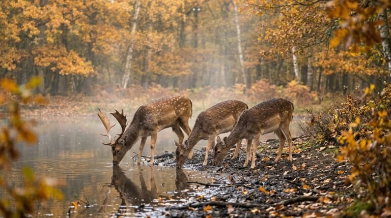 Trois daims s’abreuvant au bord d’un étang forestier en automne