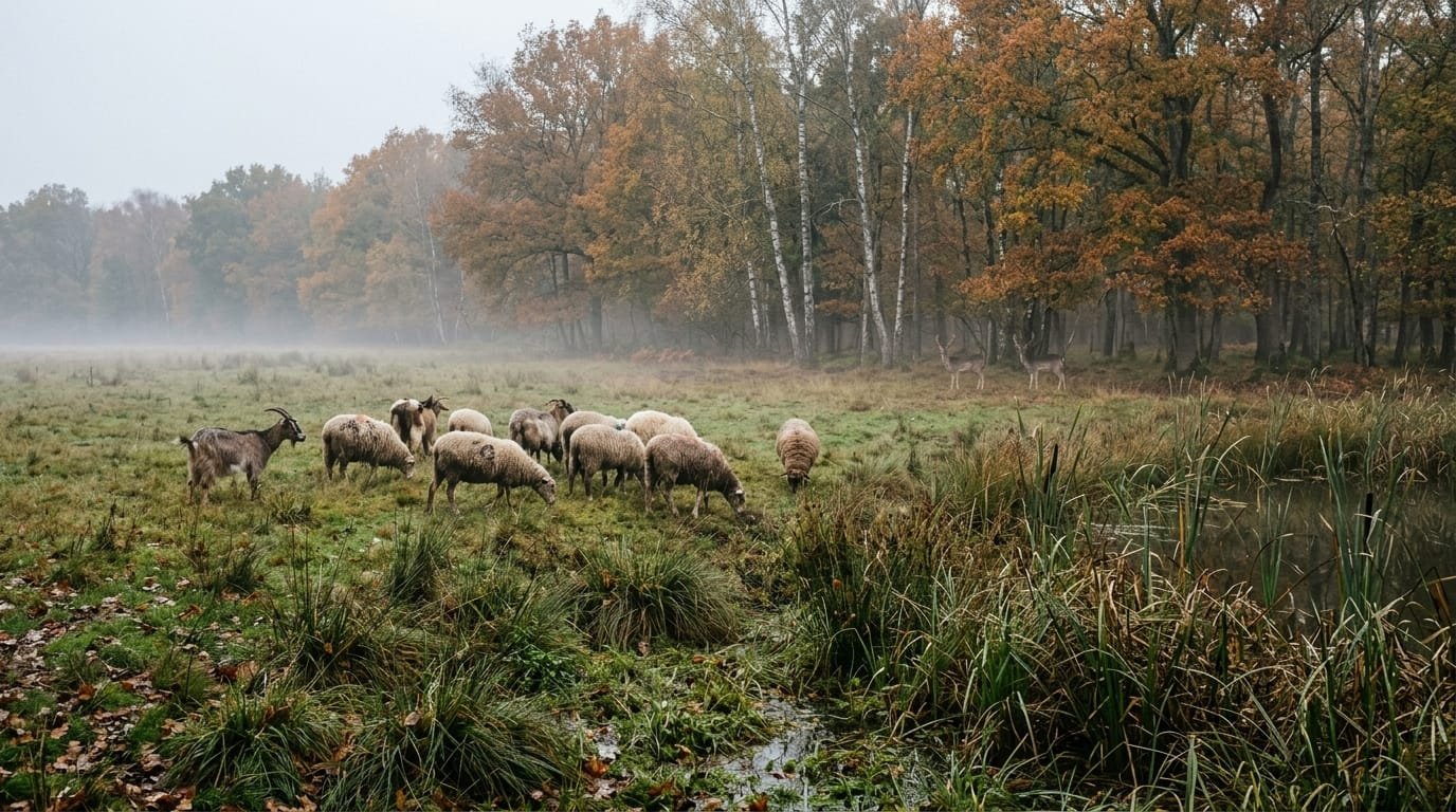 Moutons et chèvres au pâturage près d’un étang de Sologne, terrain favorable à la grande douve américaine