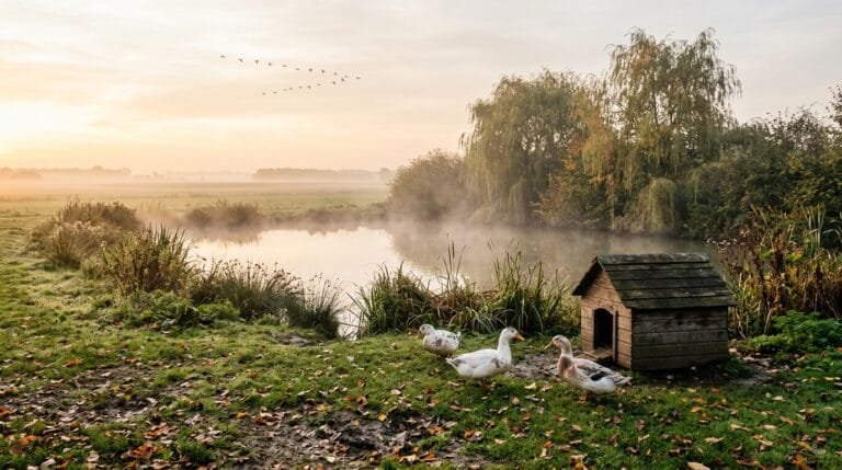 Canards domestiques près d’une mare et de leur abri en bois, un vol d’oies sauvages en V dans le ciel brumeux d’automne