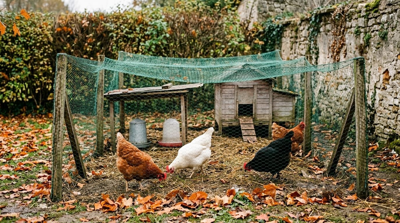 Grippe aviaire basse-cour : quatre poules dans un parcours couvert d’un filet, mangeoire et abreuvoir sous un petit toit