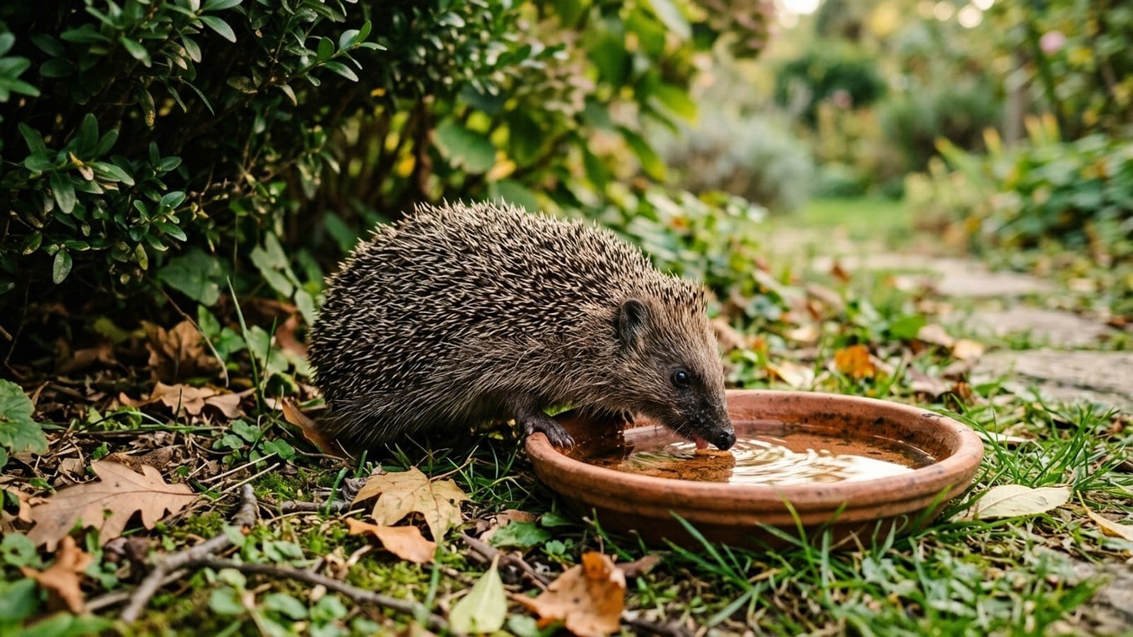 Hérisson qui boit dans une coupelle d’eau peu profonde posée au sol du jardin