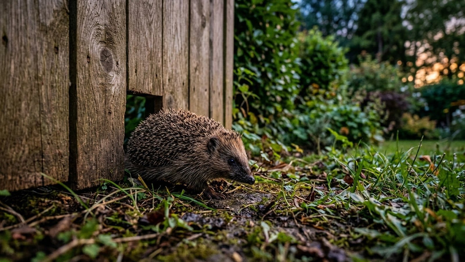 Attirer les hérissons : un hérisson passe par une ouverture découpée au bas d’une clôture en bois