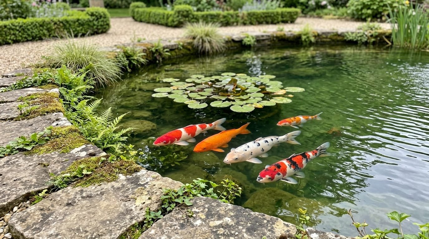 Herpèsvirus carpe koï : koïs rouges, blanches et orangées nageant en surface d’un bassin de jardin bordé de pierres
