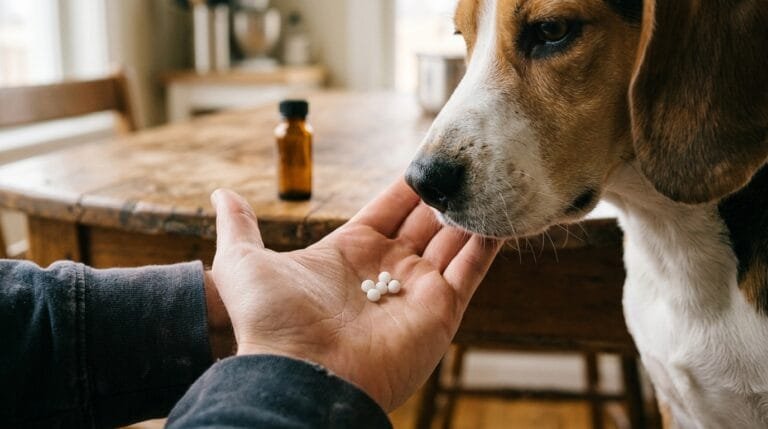 Beagle flairant quelques granules blancs dans la paume de son maître, un flacon ambré sans étiquette sur la table
