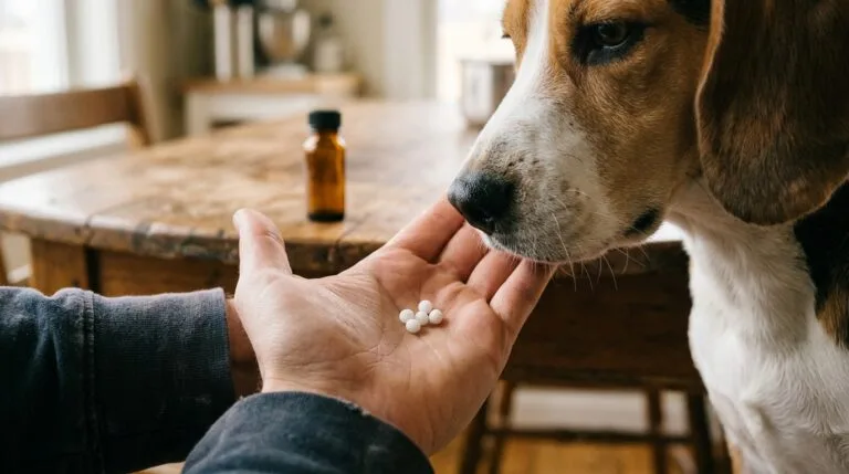 Beagle flairant quelques granules blancs dans la paume de son maître, un flacon ambré sans étiquette sur la table