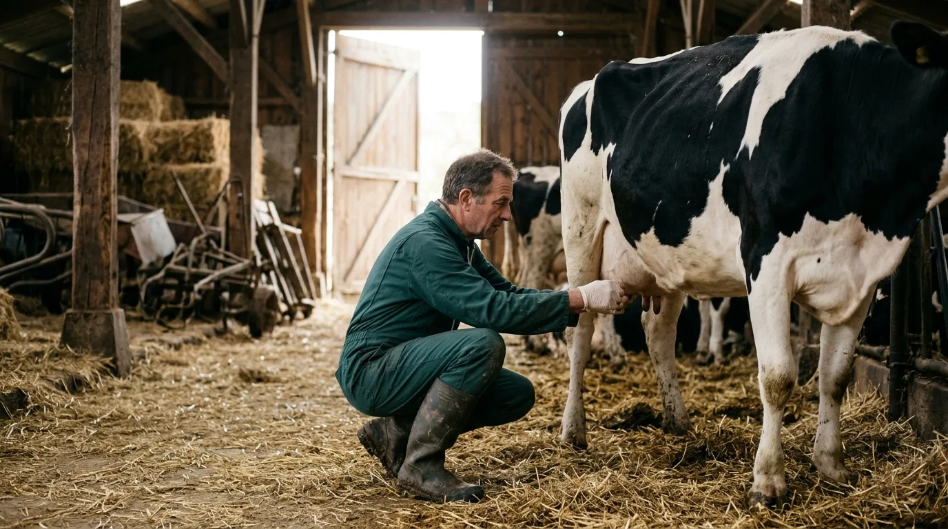 Vétérinaire rural examinant le pis d’une vache laitière dans une étable paillée, un terrain où l’homéopathie vétérinaire reste répandue