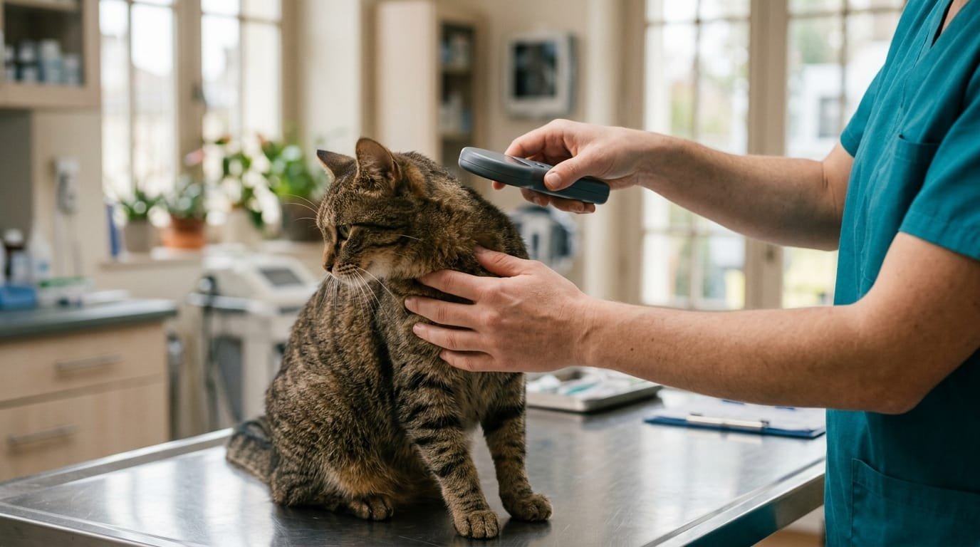 Identification chat puce : un vétérinaire passe un lecteur de puce au-dessus du cou d’un chat tigré