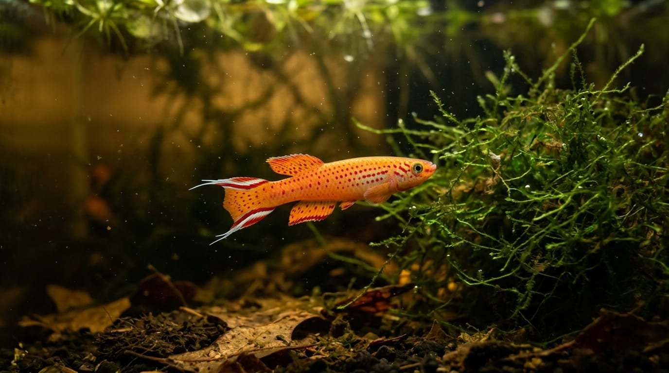 Killi en aquarium : un mâle orange ponctué de rouge, à la queue en lyre, nage près d’une touffe de mousse de Java au-dessus d’un fond de tourbe et de feuilles