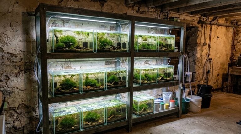 Étagère en bois dans une cave, avec trois rangées de petits aquariums plantés et couverts, éclairés par des rampes LED