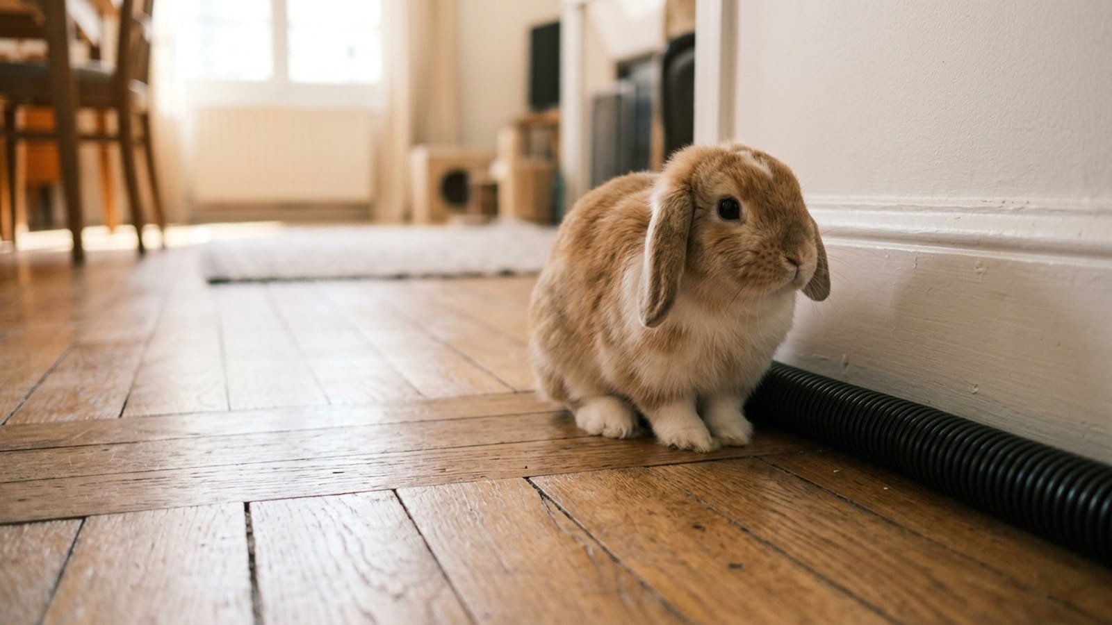 Lapin nain dans un logement loué, assis près d’un câble électrique protégé par une gaine le long de la plinthe