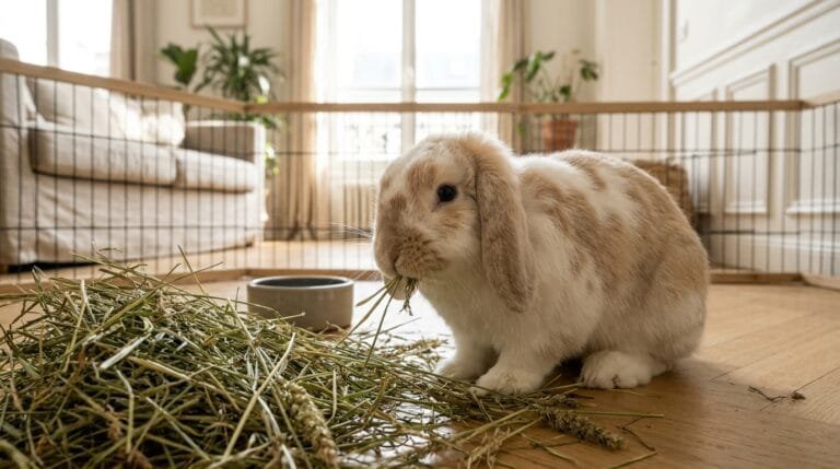 Un lapin bélier crème et blanc mange du foin dans son enclos d’intérieur, une écuelle d’eau en céramique à côté