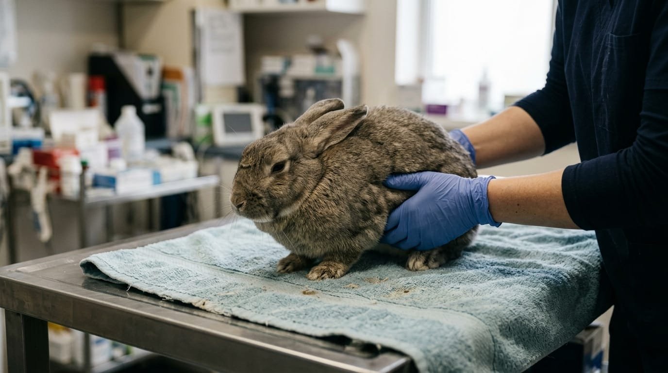 Lapin qui ne mange plus, voûté et les yeux mi-clos sur une table d’examen, tenu par les mains gantées d’un vétérinaire
