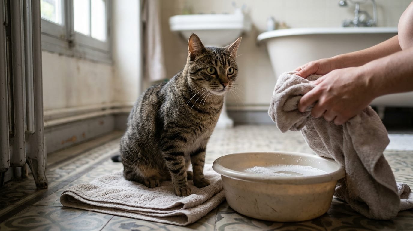 Liquide vaisselle puces chat : chat tigré assis près d’une bassine d’eau savonneuse avant un bain