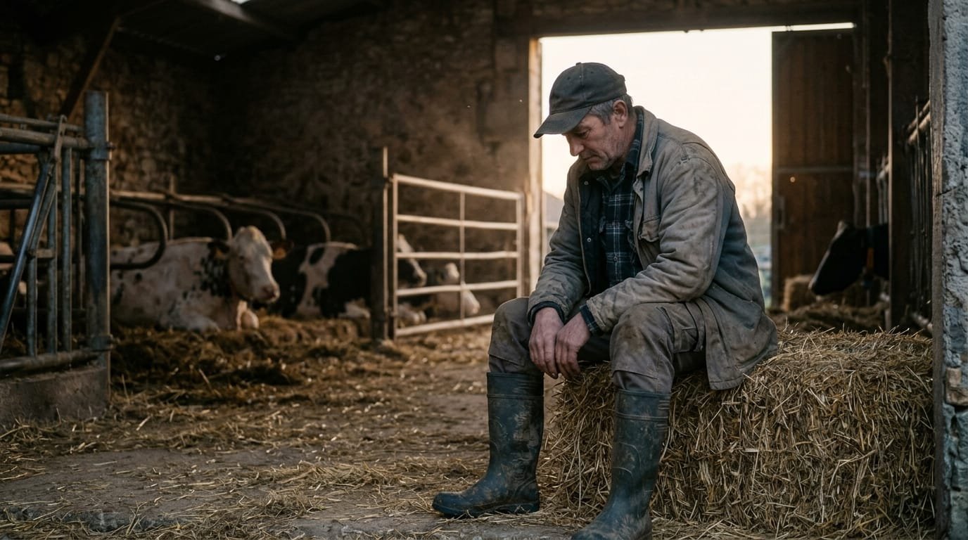 Éleveur assis seul dans sa stabulation au crépuscule, une image du mal-être agricole