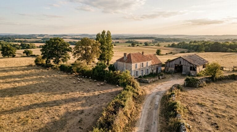 Petite ferme d'élevage et ses prairies jaunies par la sécheresse en fin d'après-midi