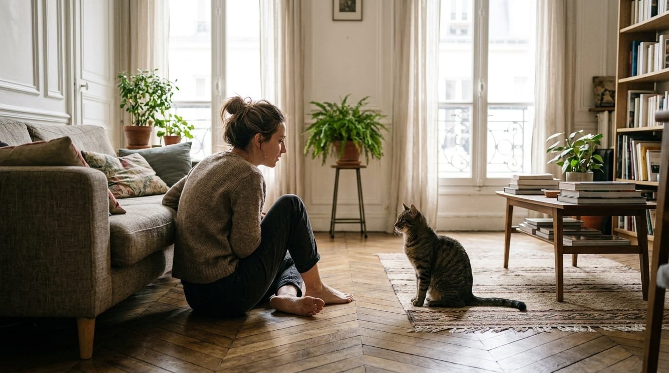 Mon chat me comprend : une femme assise sur le parquet parle à son chat tigré qui la regarde, oreilles tournées vers elle