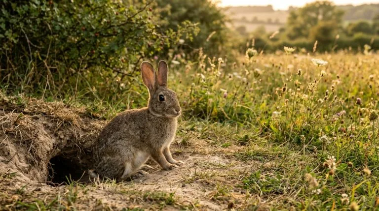 Lapin de garenne assis à l’entrée de son terrier, au bord d’un pré fleuri, en fin de journée d’été