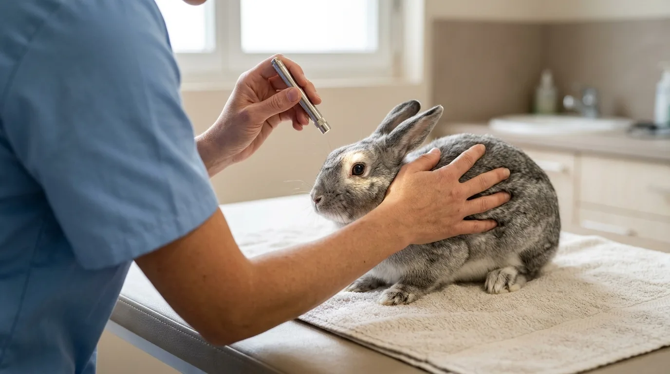 Vétérinaire examinant l’œil d’un lapin de compagnie gris posé sur une serviette, en consultation