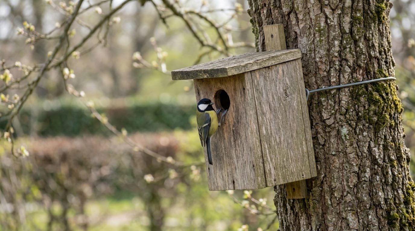 Mésange charbonnière à l’entrée d’un nichoir en bois brut fixé sur un tronc, sans perchoir