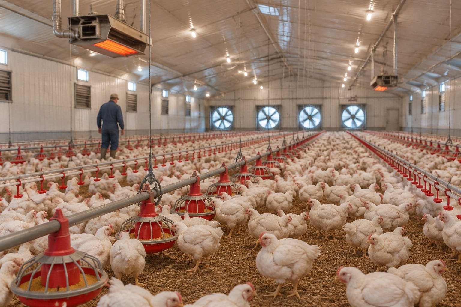 Bâtiment d’élevage de poulets de chair standard avec chaînes d’alimentation, abreuvoirs, ventilateurs et radiants