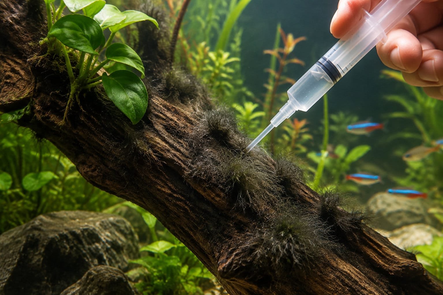 Application locale d’eau oxygénée à la seringue sur des algues pinceaux fixées à une racine, dans un aquarium planté