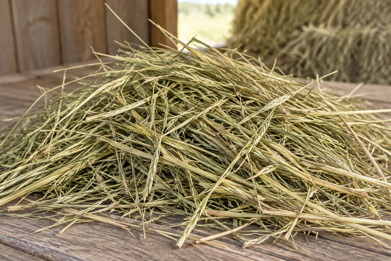 Tas de foin de prairie à longs brins vert doré sur une table en bois, bottes en arrière-plan
