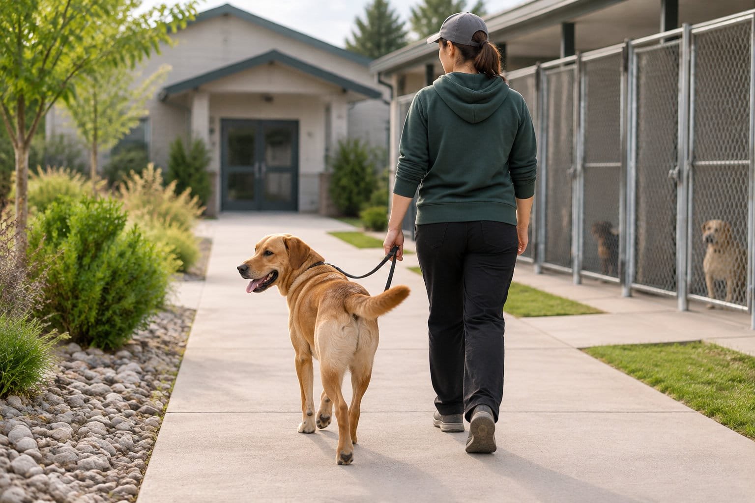 Soigneuse promenant un labrador en laisse le long des box grillagés d’une pension canine