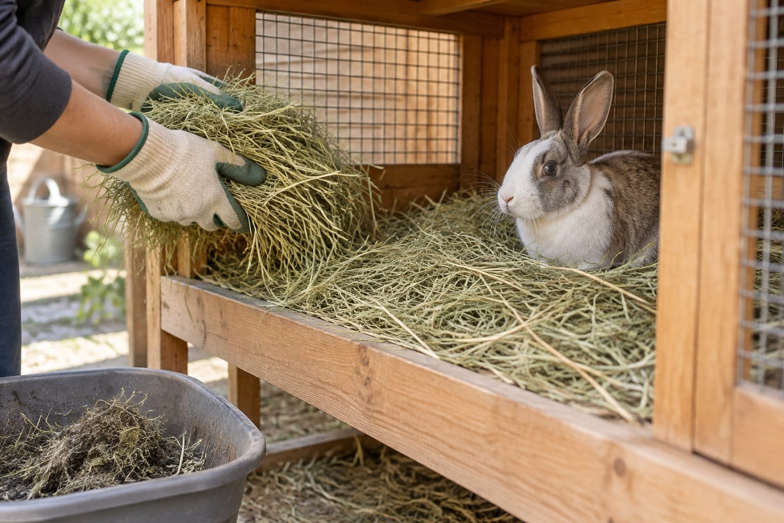 Foin pour lapin déposé à la main dans un clapier en bois, un lapin gris et blanc installé dessus