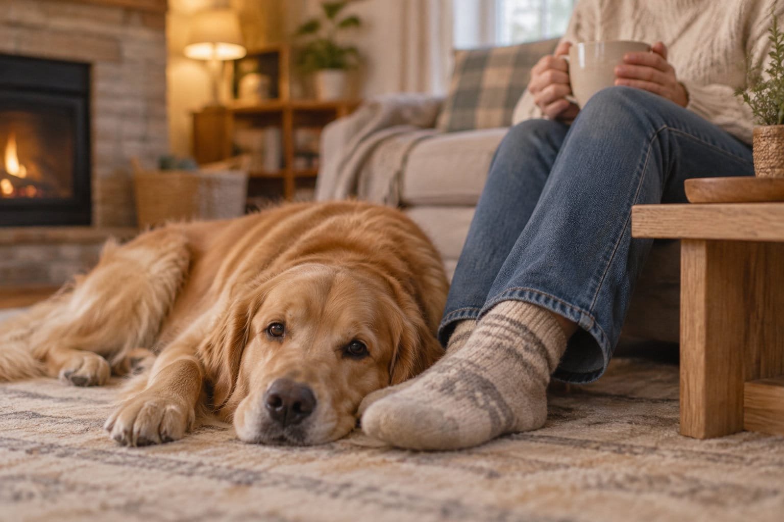 Golden retriever couché sur un tapis aux pieds d’une personne, dans un salon chauffé par une cheminée