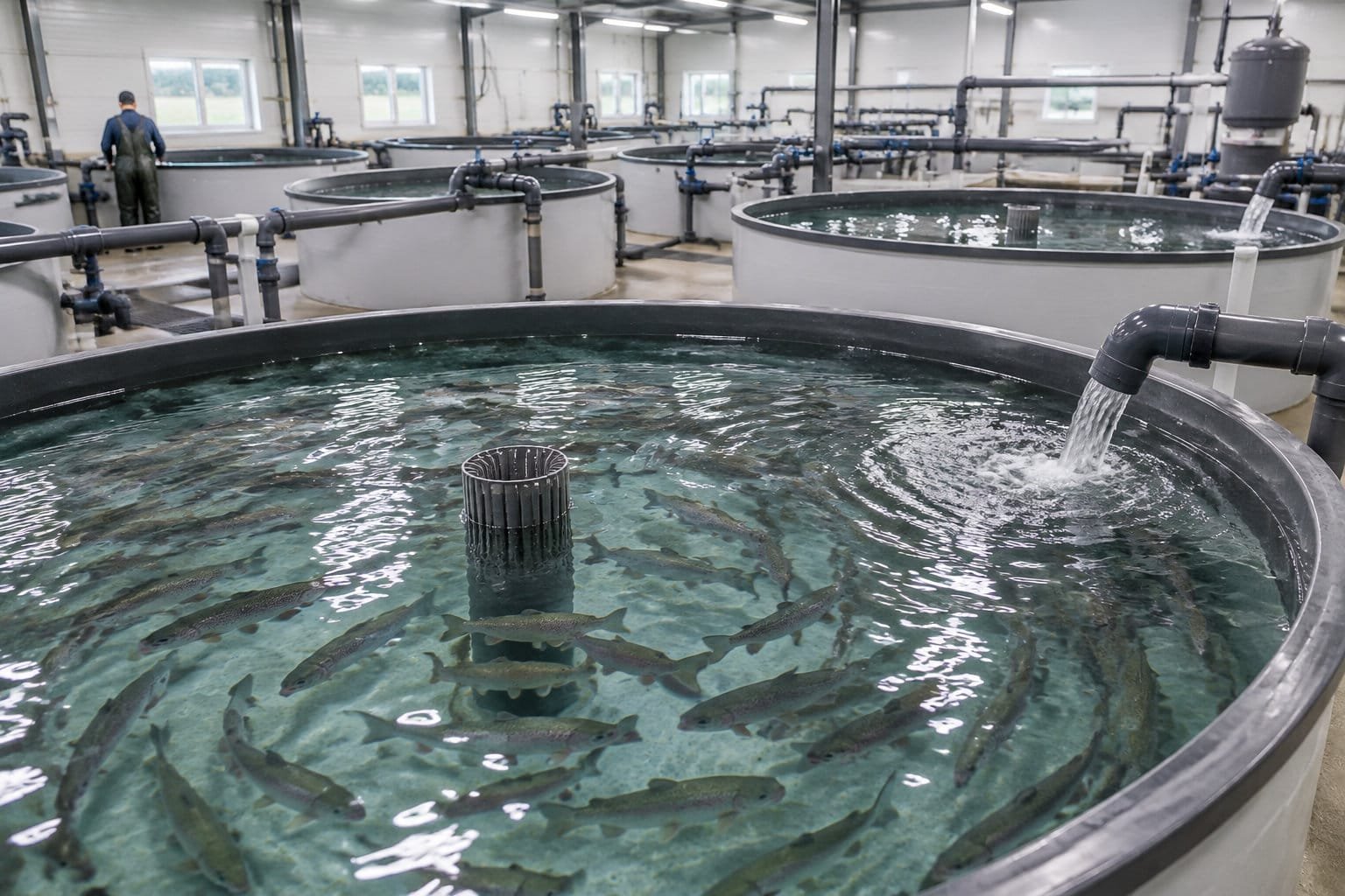 Bassins circulaires d’une pisciculture en circuit recirculé dans un bâtiment, avec arrivées d’eau et canalisations