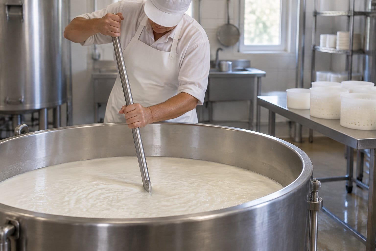 Fromager brassant le caillé de lait de chèvre dans une cuve en inox d’une fromagerie fermière