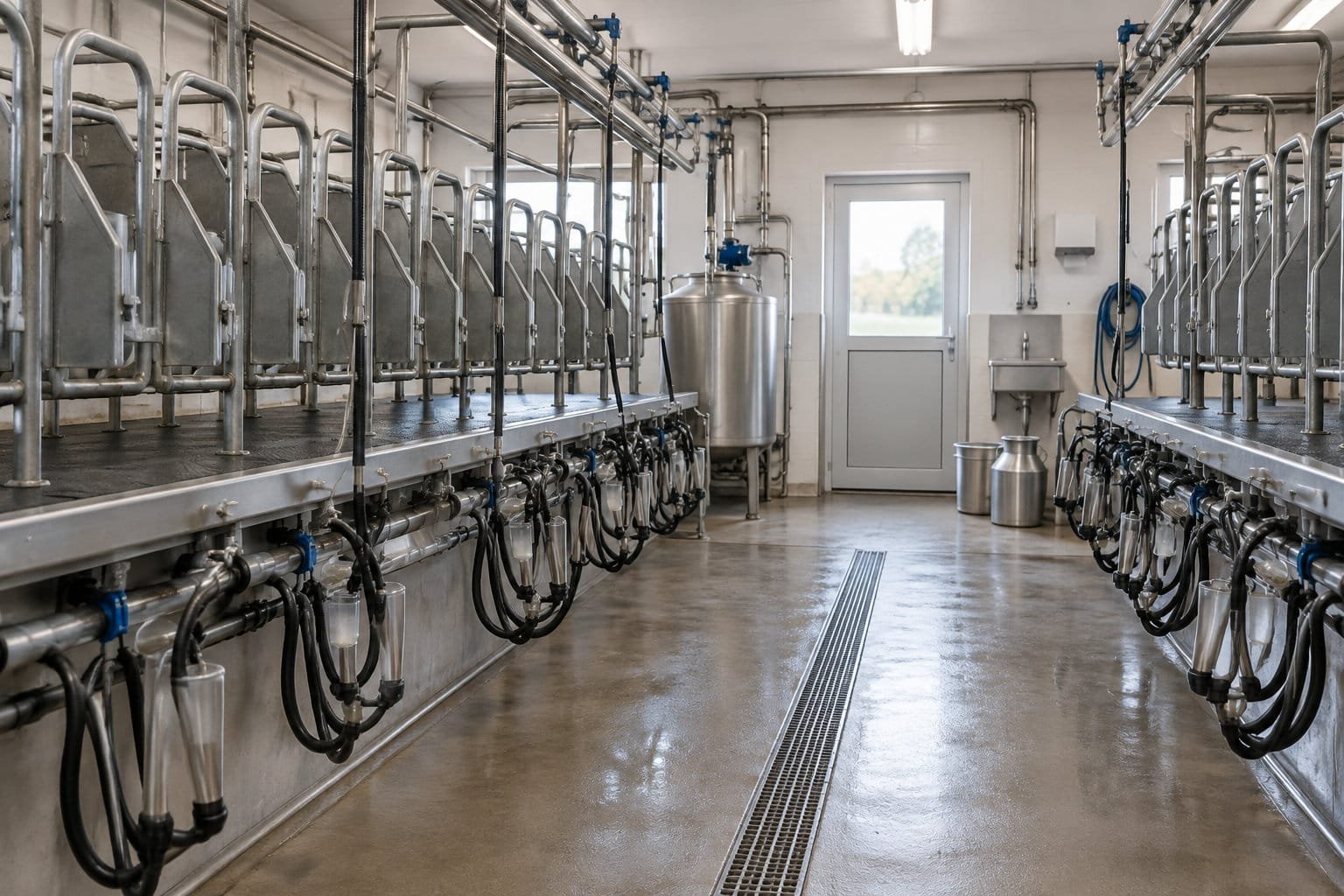 Salle de traite caprine vide, quais en inox, faisceaux trayeurs et tank à lait au fond