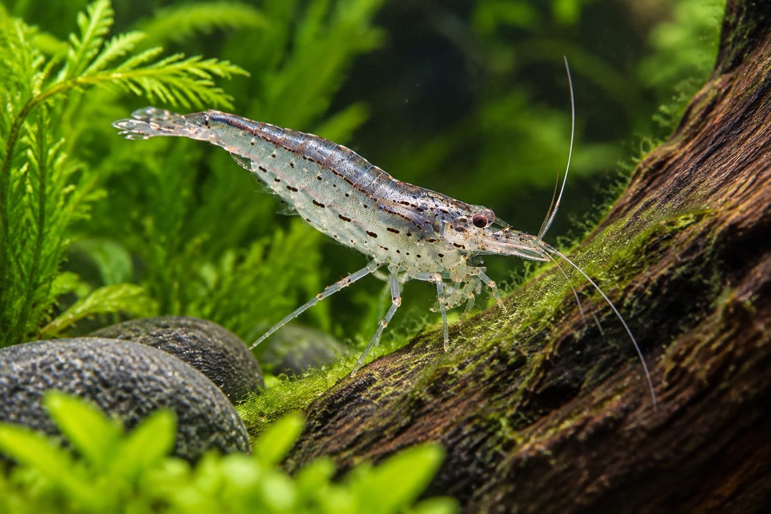 Crevette d’Amano (Caridina multidentata) sur une racine couverte de mousse, dans un aquarium planté