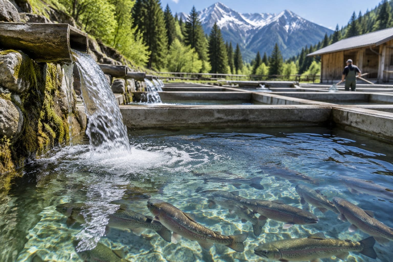 Bassins de pisciculture alimentés par une source au pied de montagnes boisées, truites visibles dans l’eau claire
