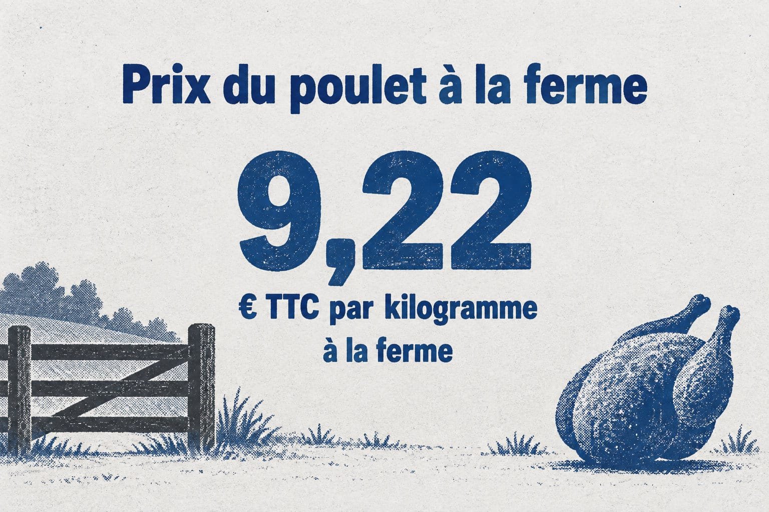 Prix moyen du poulet entier vendu à la ferme en circuit court : 9,22 euros TTC le kilo