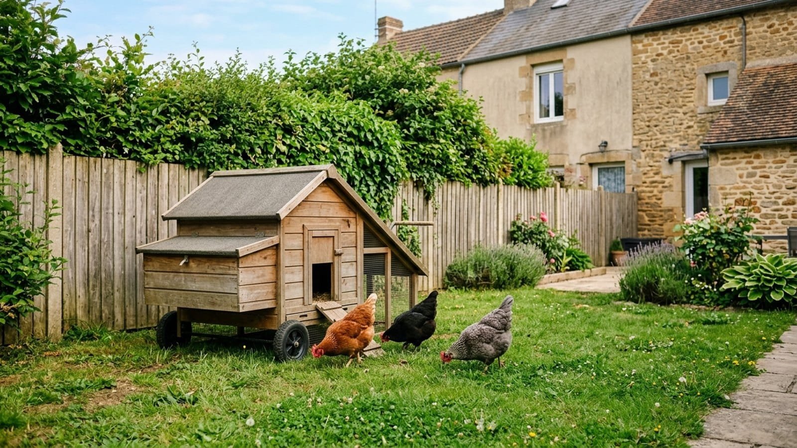 Poulailler mobile sur roues posé sur la pelouse du jardin privatif d’un logement loué, sans dalle ni construction