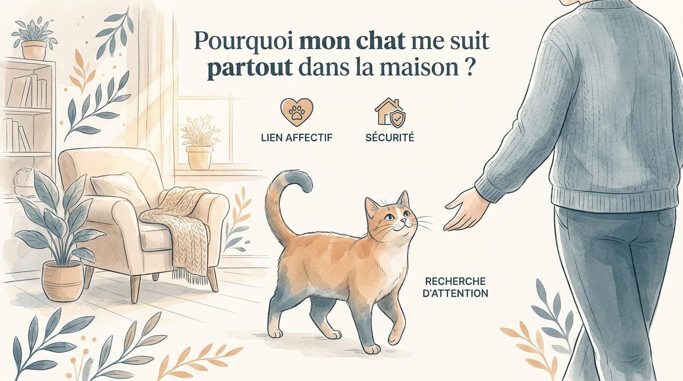 Chat me suit partout : un chat domestique suit son propriétaire dans un couloir