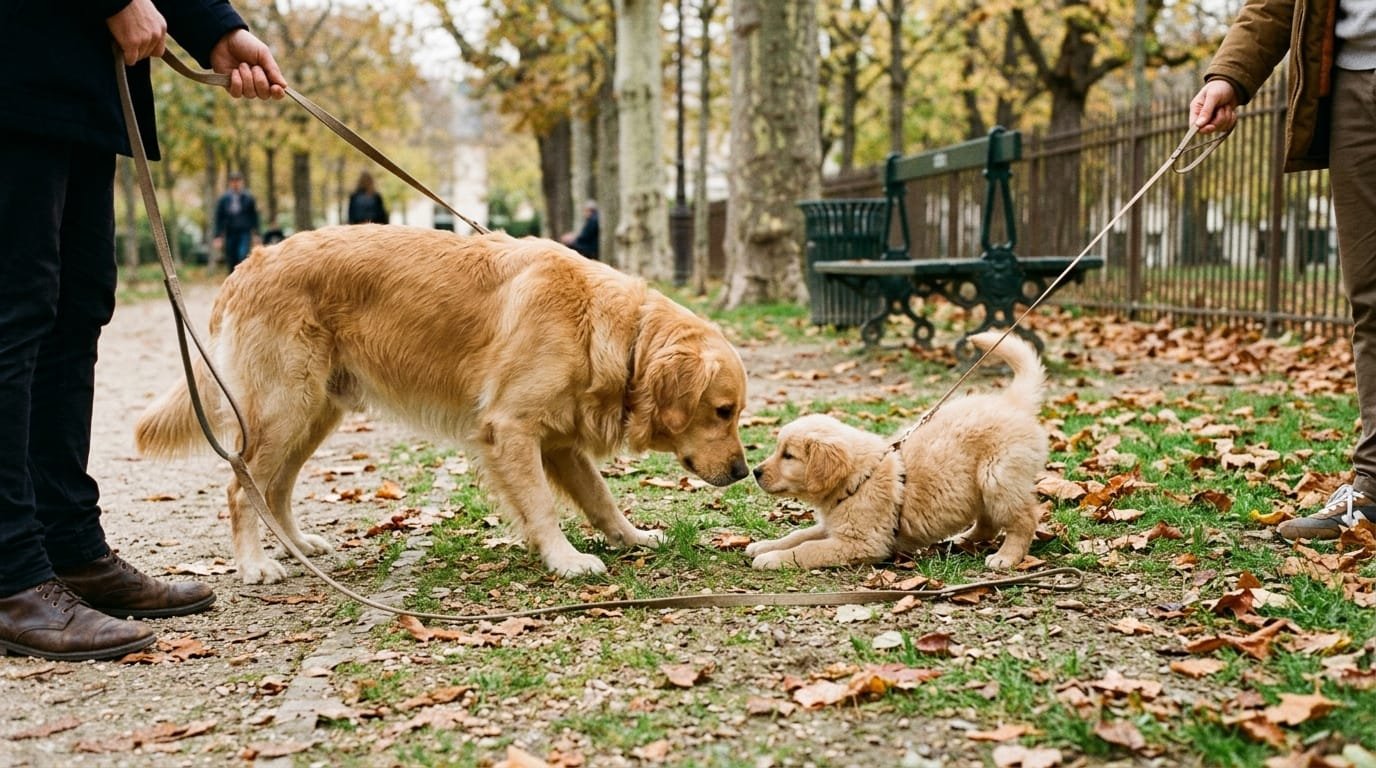 Présenter chiot chien adulte : première rencontre en laisse détendue dans un parc