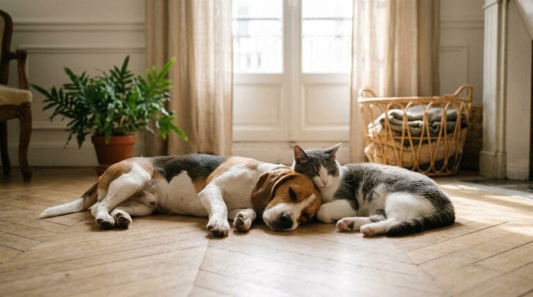 Un beagle et un chat gris et blanc endormis côte à côte sur un parquet ensoleillé